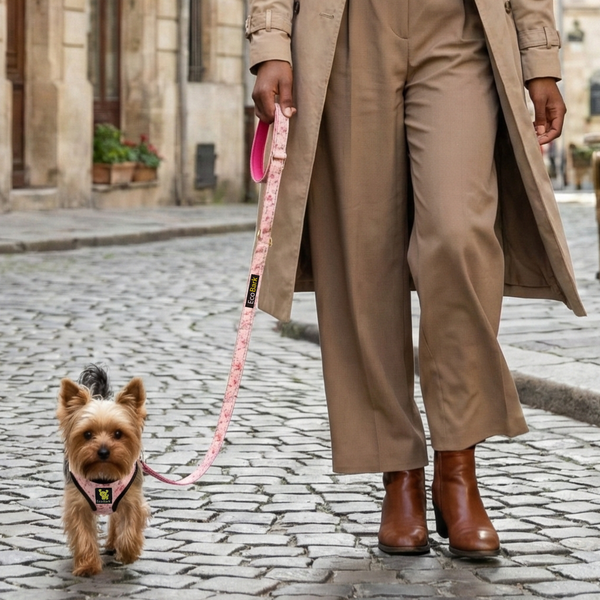 Small dog walking with the EcoBark Eco-Bright Pink Floral reflective leash outdoors.