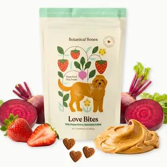 Organic strawberry and peanut butter dog treats in a 5 oz Love Bites bag with strawberries and peanut butter.