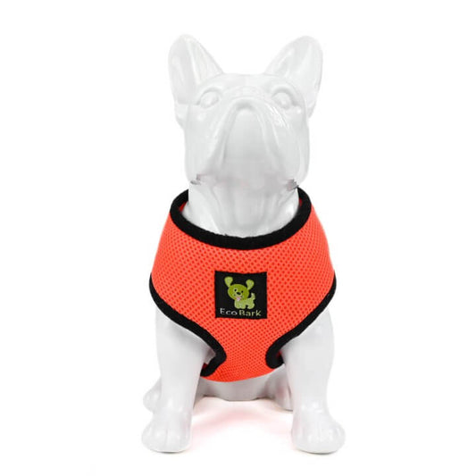     Front view of EcoBark Max Comfort orange dog harness on display model