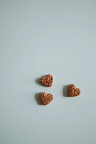 Heart-shaped Love Bites dog treats close-up.