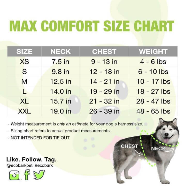     EcoBark Max Comfort Dog Harness size chart with chest measurements from XS through XXL