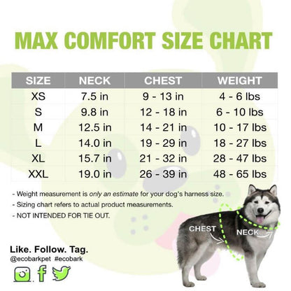     EcoBark Max Comfort Dog Harness size chart with chest measurements from XS through XXL