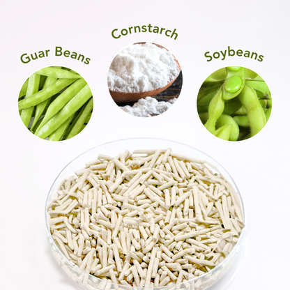 SoyKitty ingredient graphic showing cornstarch, guar gum, and soybean