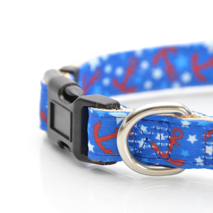 Close-up of EcoBark nautical dog collar buckle, adjustable strap, and durable hardware