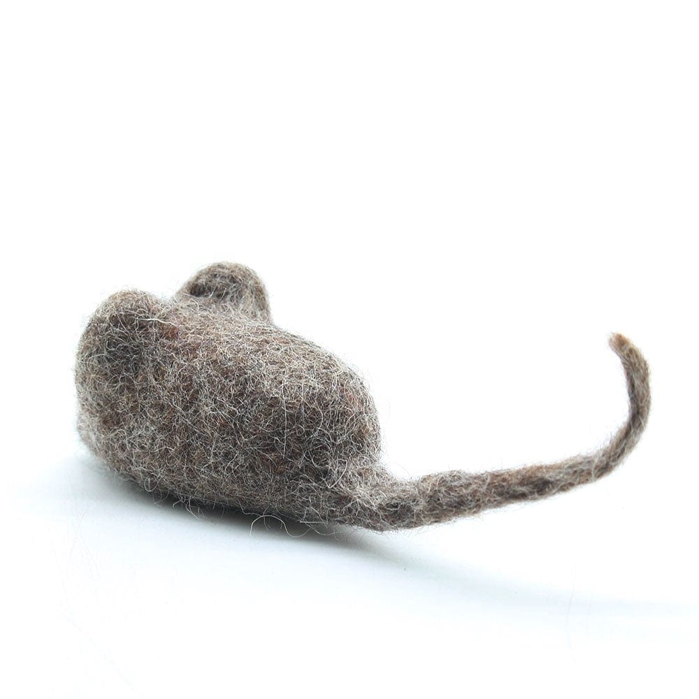Gray wool felt mouse cat toy showing its rounded body and long tail