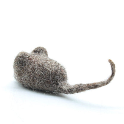 Gray wool felt mouse cat toy showing its rounded body and long tail