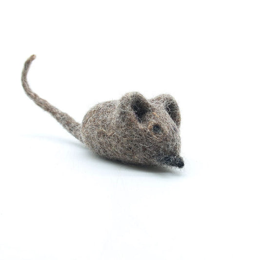 Gray wool felt mouse cat toy with soft natural felt body and long tail