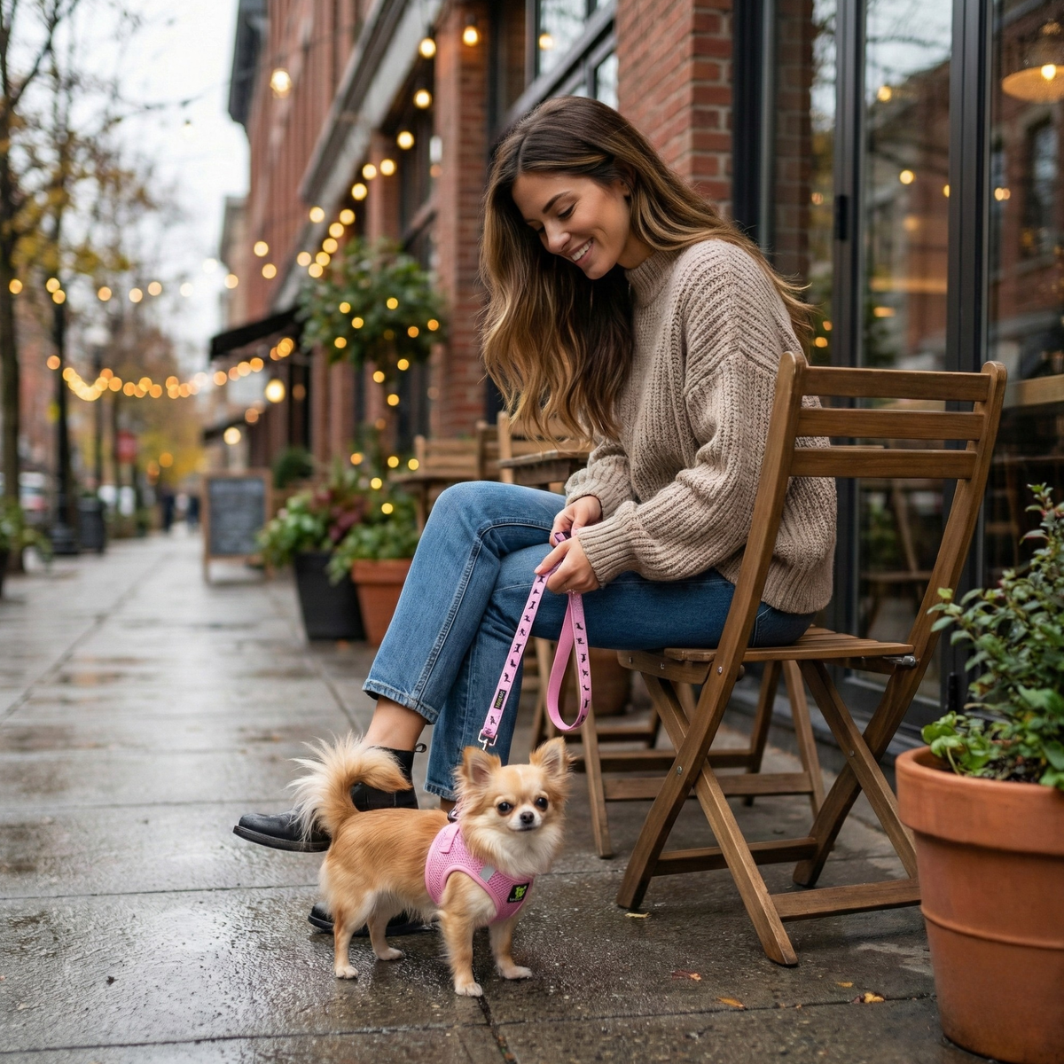 Small dog wearing the EcoBark Baby Pink Reflective Step-In Dog Harness while relaxing outdoors
